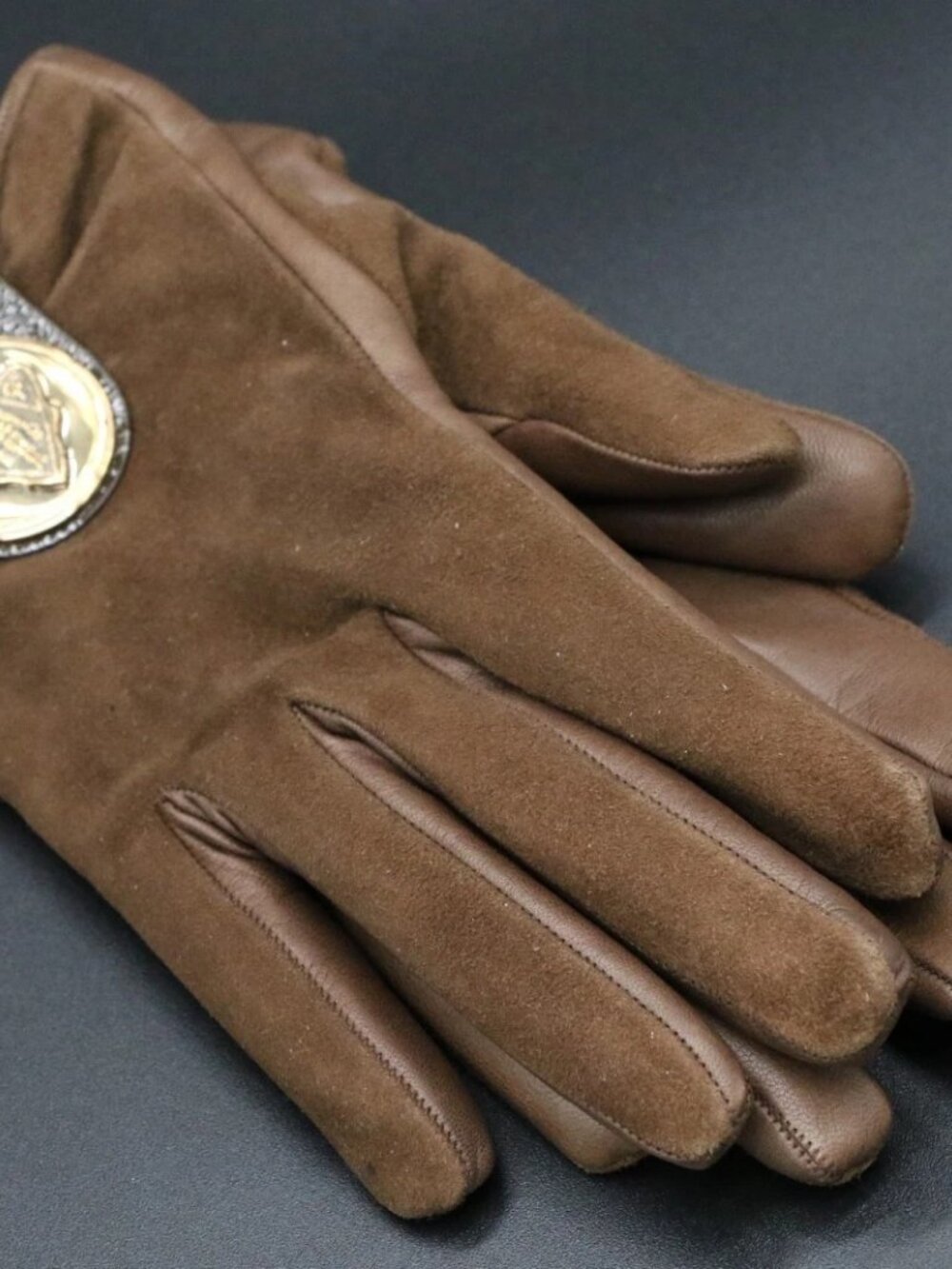 Gucci Crest Leather Suede Kids Gloves One Size - Brown/Gold